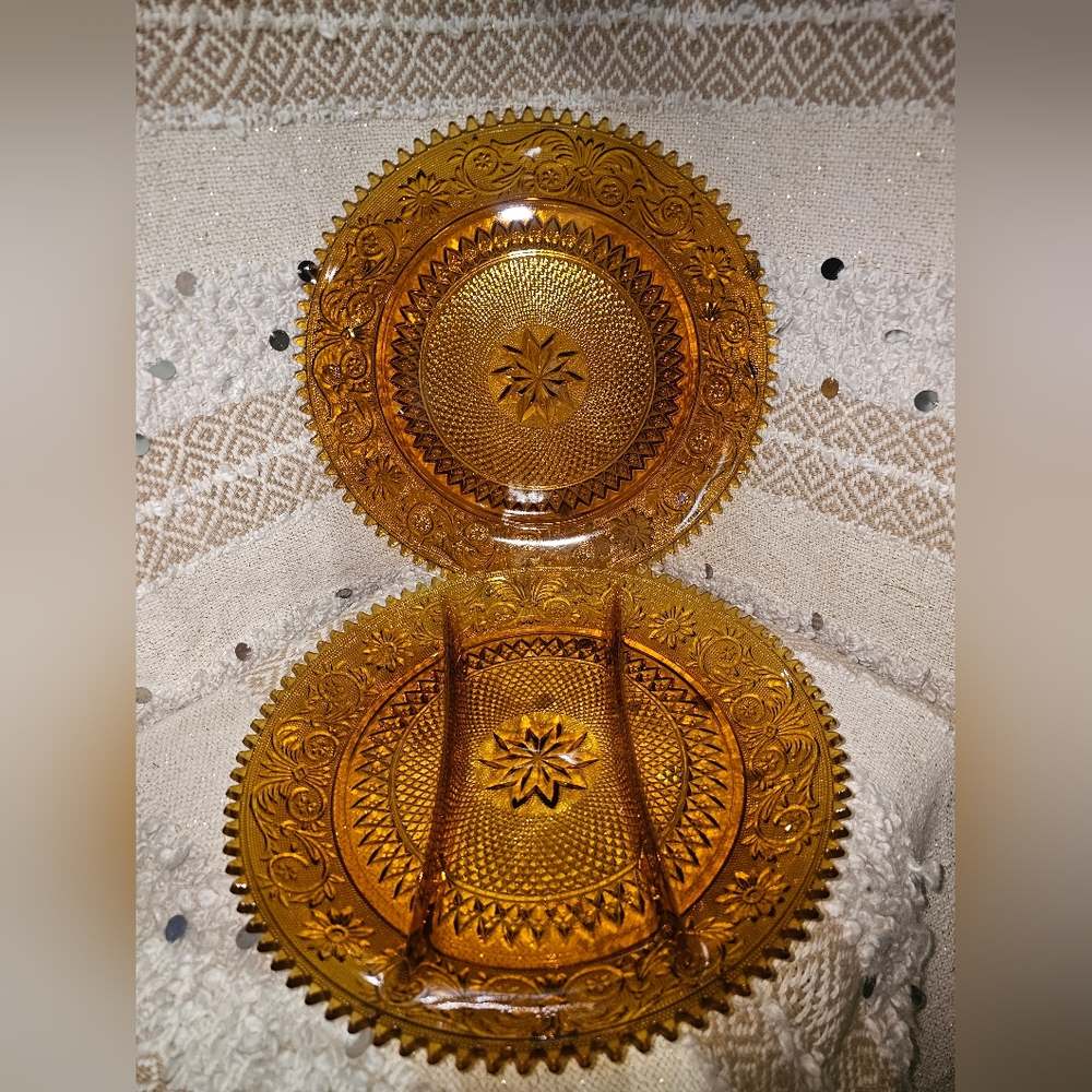Beautiful Vtg Indiana Tiara Amber Pressed Glass 12" Sawtooth Sandwich Platters